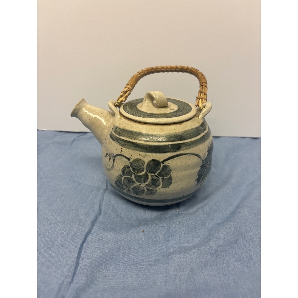 Studio Pottery Teapot OS Cream Blue Excellent Woven Handle Signed HP Floral